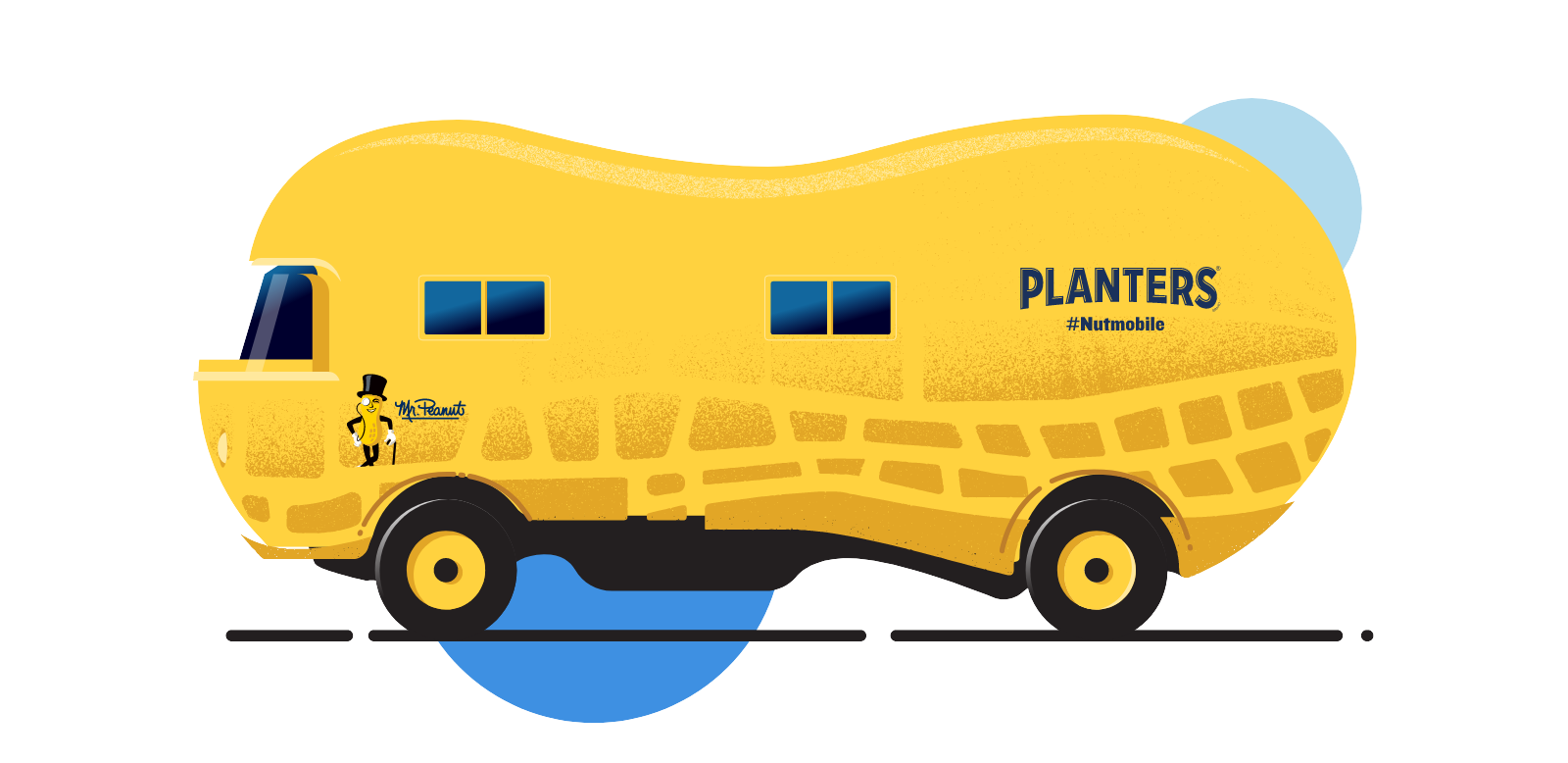 an Illustration of the Nutmobile from its side with blue circles in the background